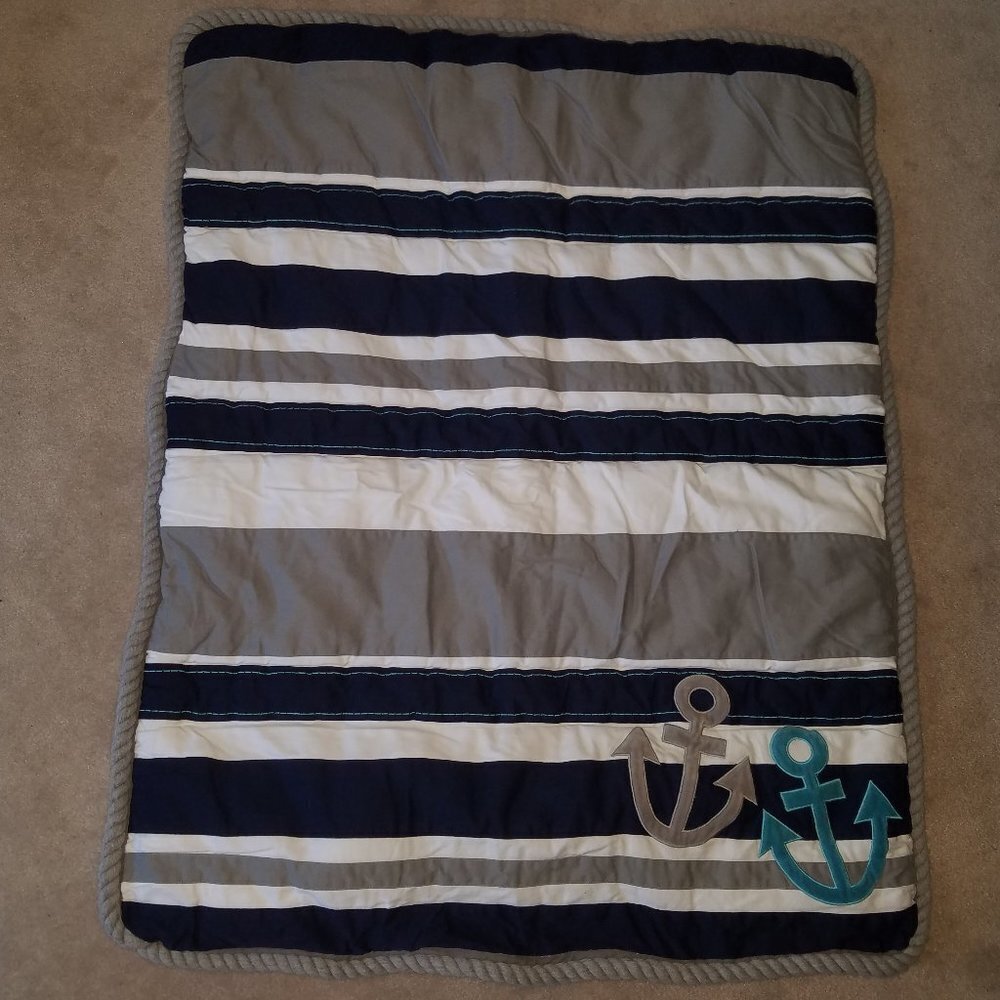 Just Born Anchors Whales Baby Blanket Comforter Blue Gray White Stripes Nursery